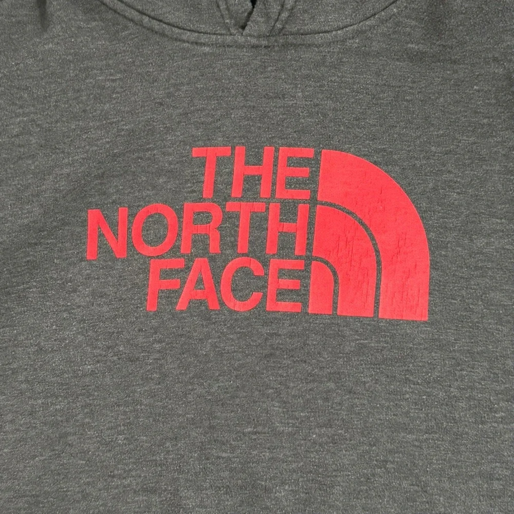 The North Face Hoodie Mens Medium Gray Red Logo Pullover Sweatshirt Excellent